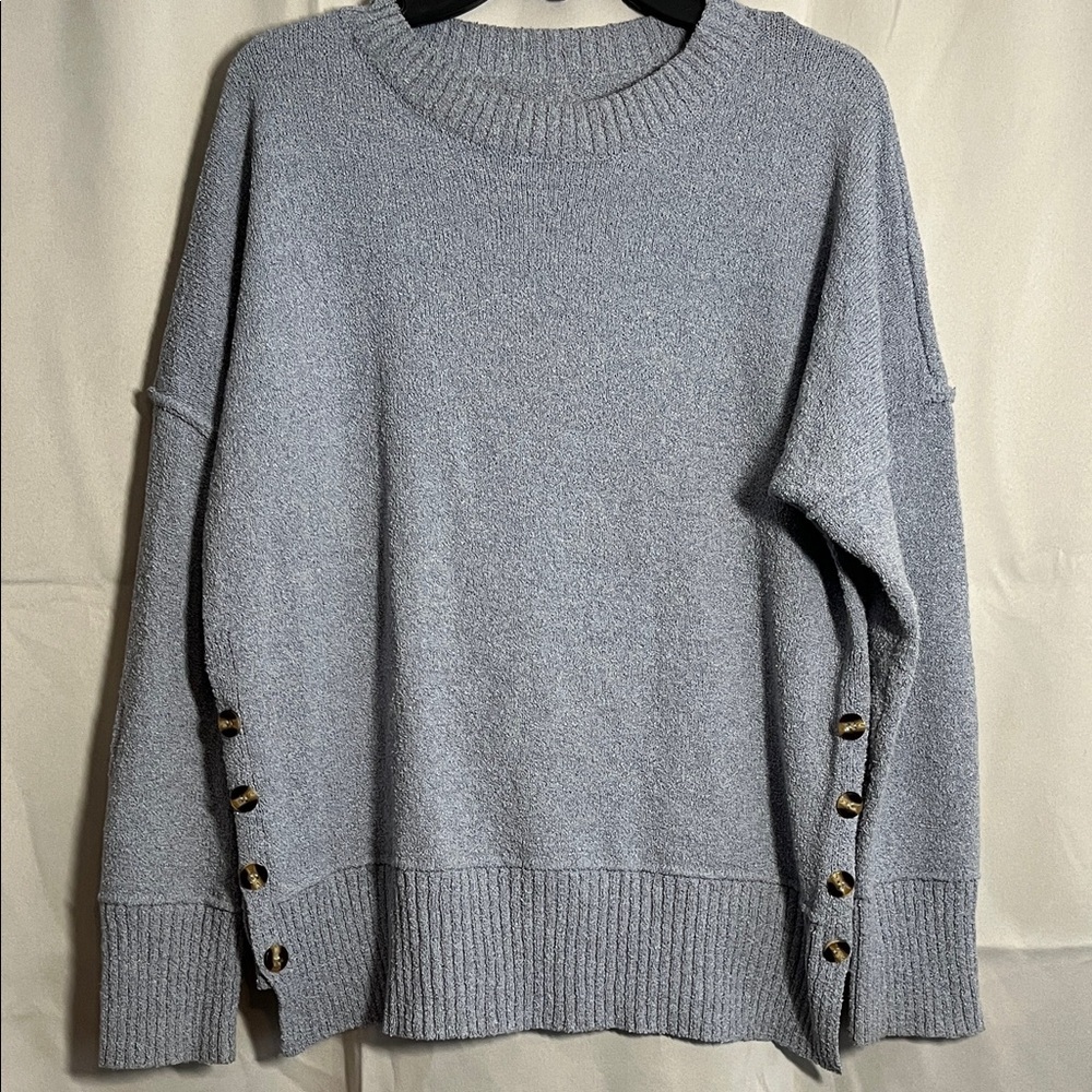 Mock Neck Raw Edge Drop Shoulder Side Button Sweater Gray Blue Size XL